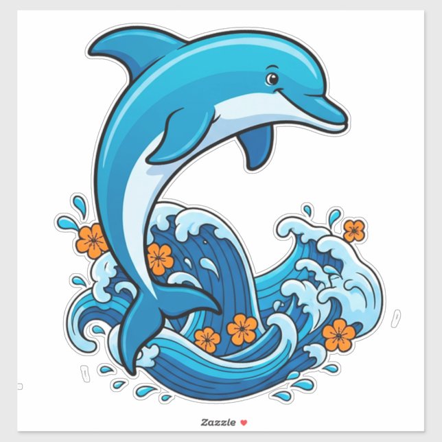 Blauer Delfin springt über Meereswellen Aufkleber (Blatt)