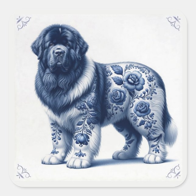 Blauer Delft Landseer Newfoundländer Quadratischer Aufkleber (Vorderseite)
