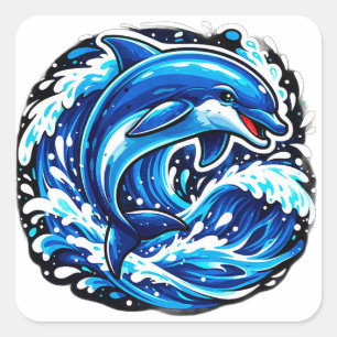 Blauer Delphin Ozeanwelle für Küstenliebhaber Quadratischer Aufkleber