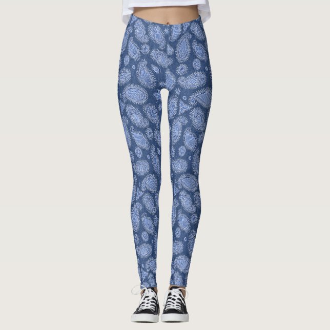 Blauer Denim Boho Paisley Muster Leggings (Vorderseite)