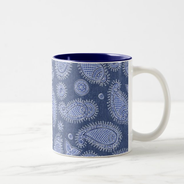 Blauer Denim Paisley Pattern Boho Zweifarbige Tasse (Rechts)