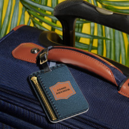 Blauer Denim Stoff mit Zip und Label Jean Stoff Gepäckanhänger