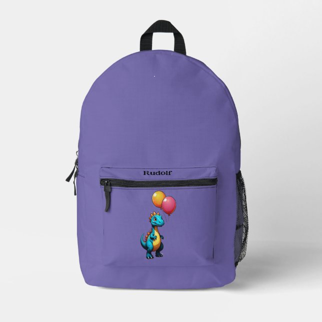 Blauer Dinosaurier mit Ballons Bedruckter Rucksack (Vorderseite)