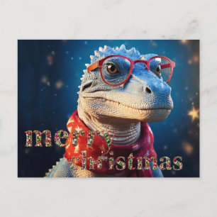 Blauer Dinosaurier mit Brille Weihnachtsschal Feiertagspostkarte
