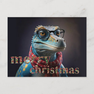 Blauer Dinosaurier mit Weihnachtsmannschal und Bri Feiertagspostkarte