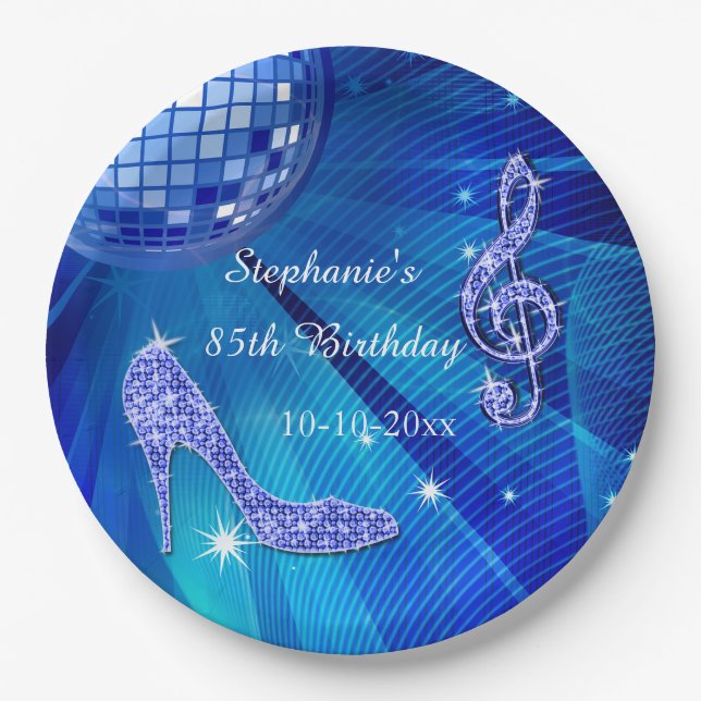Blauer Disco-Ball und Heels-85. Geburtstag Pappteller (Vorderseite)