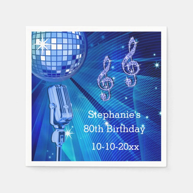 Blauer Disco-Ball-und Retro Mikrofon-80. Serviette (Vorderseite)