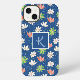 Blauer Ditsy Floral Monogram iPhone 13 Hülle