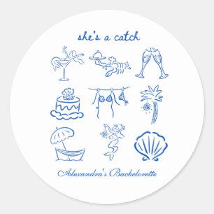 Blauer Doodle Tropical Sie ist ein Fang Junggesell Runder Aufkleber