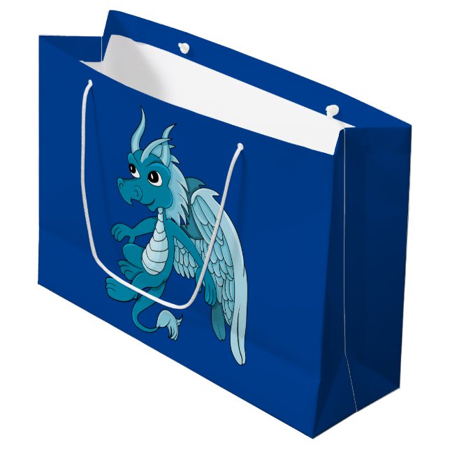 Blauer Drache Cartoon Große Geschenktüte (Vorderseite Schrägansicht)