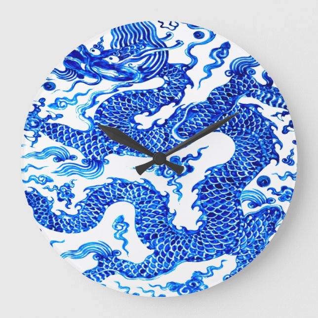 Blauer Drache-chinesischer Vase moderner Acryllic Große Wanduhr (Vorderseite)