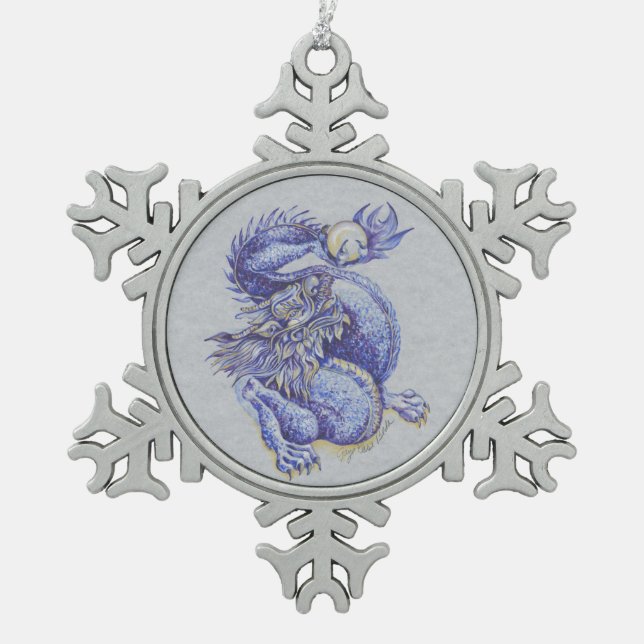 Blauer Drache Schneeflocken Zinn-Ornament (Vorderseite)