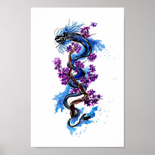 Blauer Drache und Lila Blüten Poster