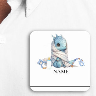 Blauer-Drache-Watercolor-Baby-Party-Name-Tag Quadratischer Aufkleber