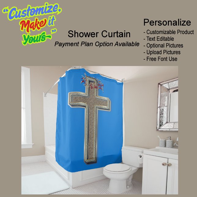 Blauer Duschvorhang (Cross Biblical Shower Curtain Featuring a Blue Background.)