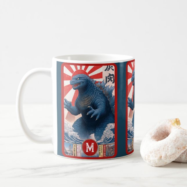 Blauer Eidechsen-Monster-Monogramm Fett Retro-Spaß Kaffeetasse (Mit Donut)