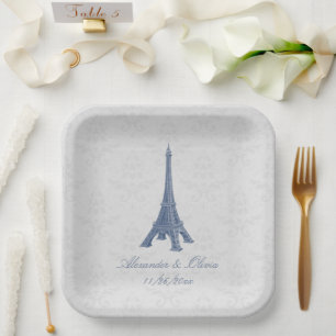 Blauer Eiffelturm Damask Hochzeitsdusche Pappteller