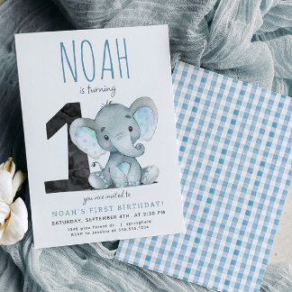 Blauer Elefant Einladung zum ersten Geburtstag