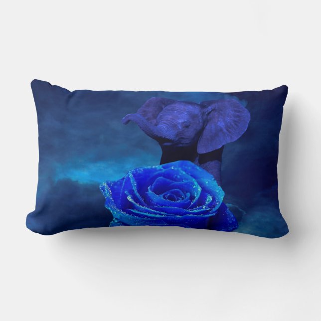Blauer Elefant und Rose Lendenkissen (Vorderseite)