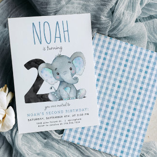 Blauer Elefant zum zweiten Geburtstag Einladung