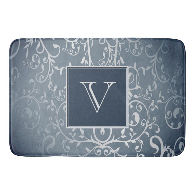 Blauer Elegant Geblüht Monogram Bath Mat Badematte (Vorderseite)