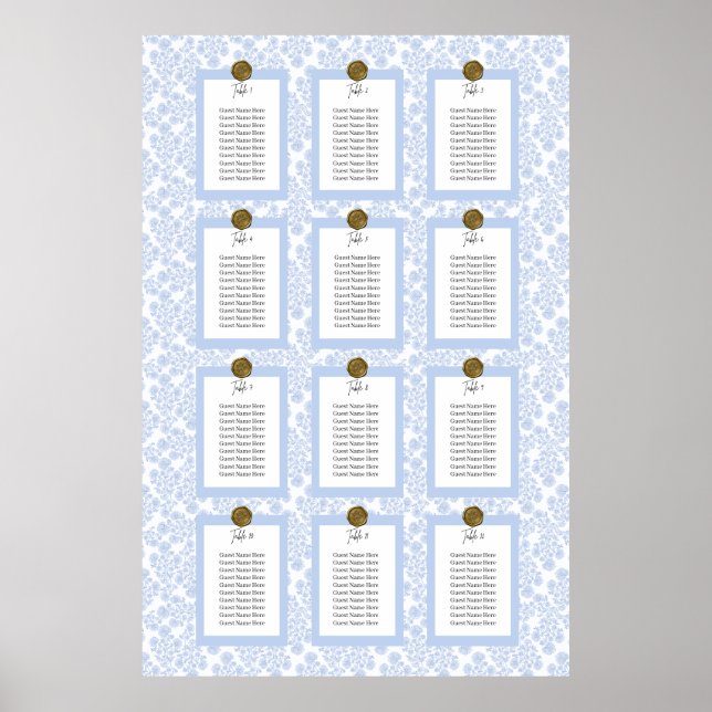 Blauer eleganter Blumen-Toile-Sitzplan-Poster Poster (Vorne)