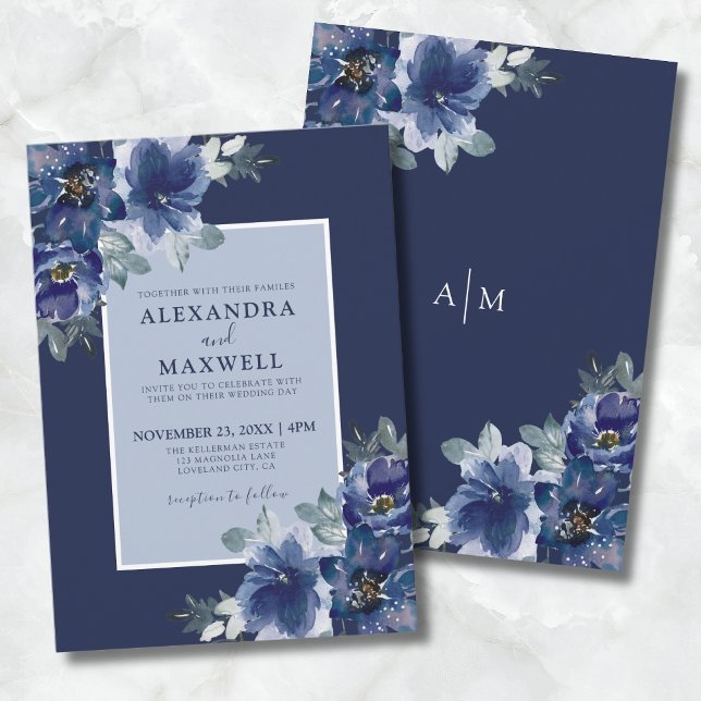 Blauer Eleganter Botanischer Wasserfarben Hochzeit Einladung (Blue Elegant Botanical Watercolor Floral Wedding Invitation)