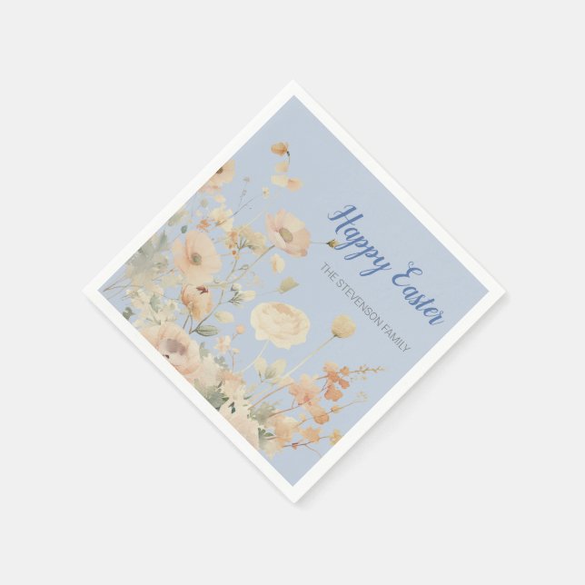 Blauer Eleganter Frühling Blumen Happy Oaster Serviette (Ecke)