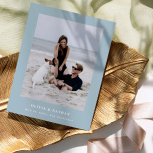 Blauer, eleganter Text und Foto SAVE THE DATE Ankündigungspostkarte