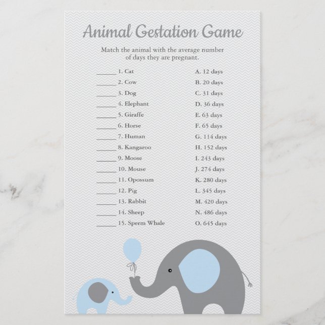 Blauer Elephant Animal Gestation Match Shower Game (Vorderseite)