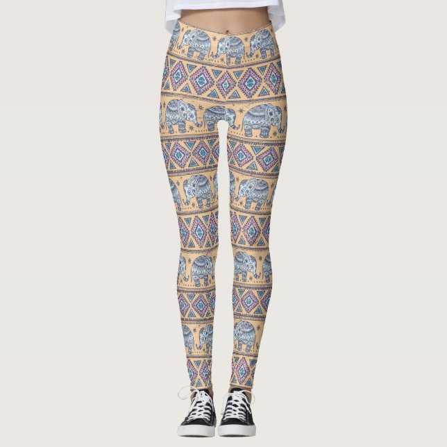 Blauer ethnischer Elefant-Stammes- Muster Leggings (Vorderseite)