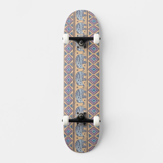 Blauer ethnischer Elefant-Stammes- Muster Skateboard (Vorderseite)