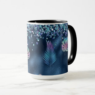 Blauer falscher Glitter & passende Blätter Tasse