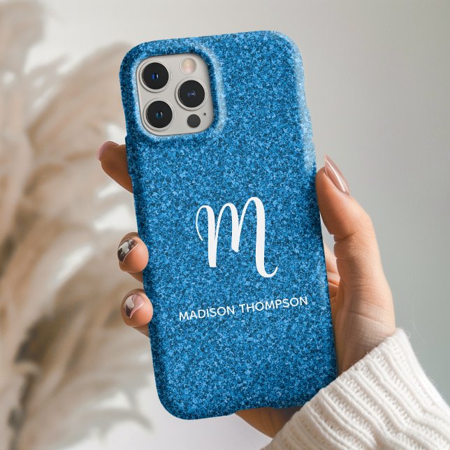 Blauer falscher Glitter personalisiertes Monogramm Case-Mate iPhone Hülle (Von Creator hochgeladen)