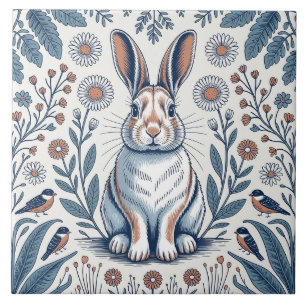 Blauer fantastischer Hase Blumen-Design Fliese