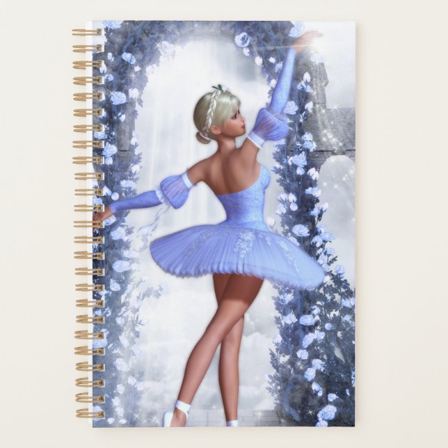 Blauer Fantasy Ballerina mit Rose Blume Planer (Vorderseite)