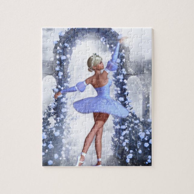 Blauer Fantasy Ballerina mit Rose Blume Puzzle (Vertikal)