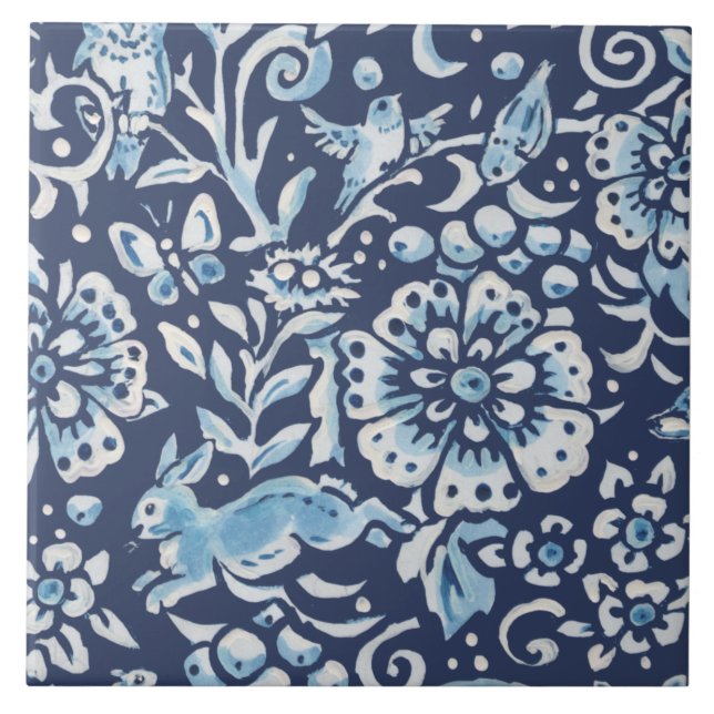 Blauer Fantasy Forest Mural Woods Rabbit Bottom Li Fliese (Vorderseite)