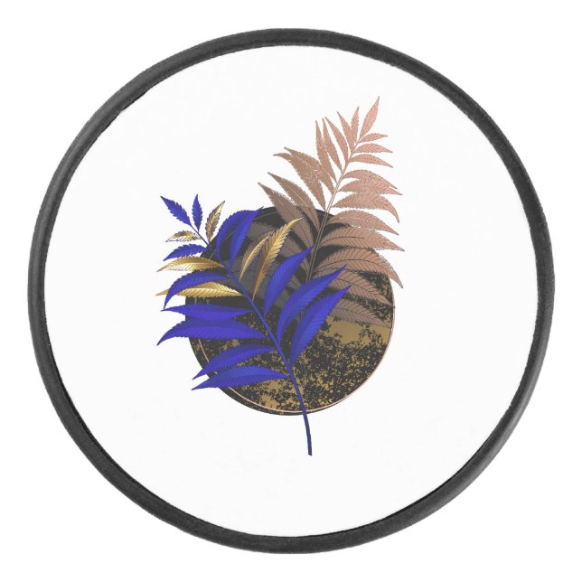 Blauer Farn im schwarzen Kreis Eishockey Puck (Vorderseite)