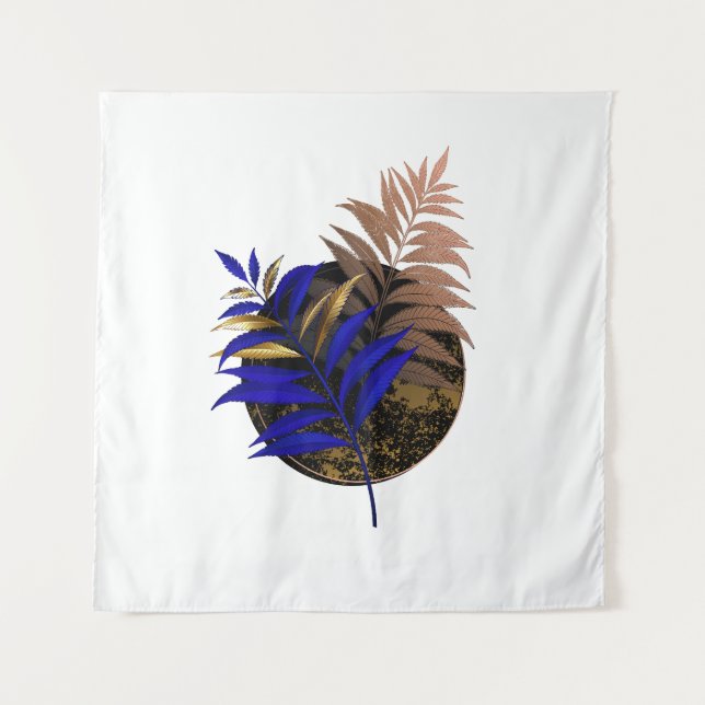 Blauer Farn im schwarzen Kreis Wandteppich (Vorderseite)