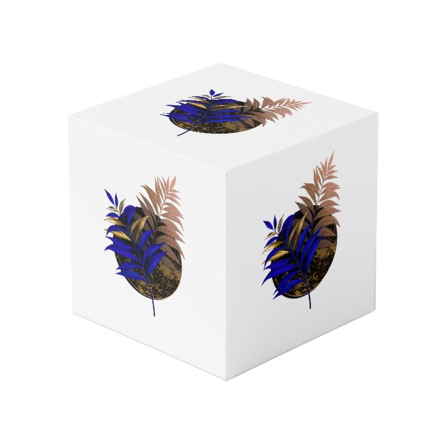 Blauer Farn im schwarzen Kreis Würfel (Vorderseite Schrägansicht)