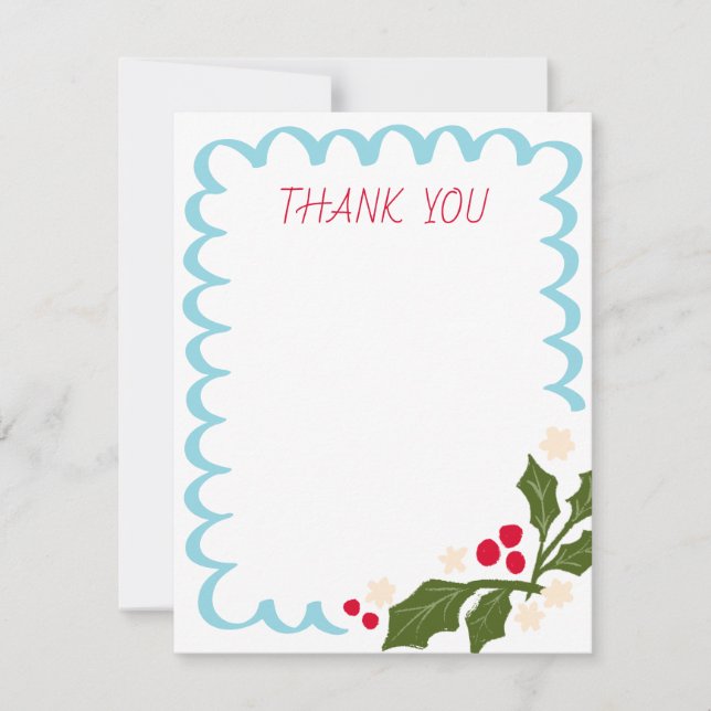 Blauer festlicher Scallop-Rahmen mit Holly Dankeskarte (Vorderseite)