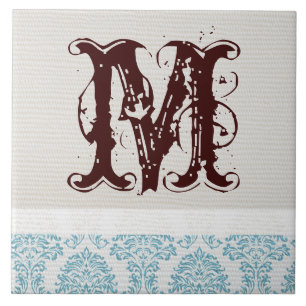 Blauer Filigree Damask Monogram Display Tile Fliese