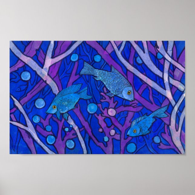 Blauer Fisch in Meeresalgen, Kunstautos Poster (Vorne)
