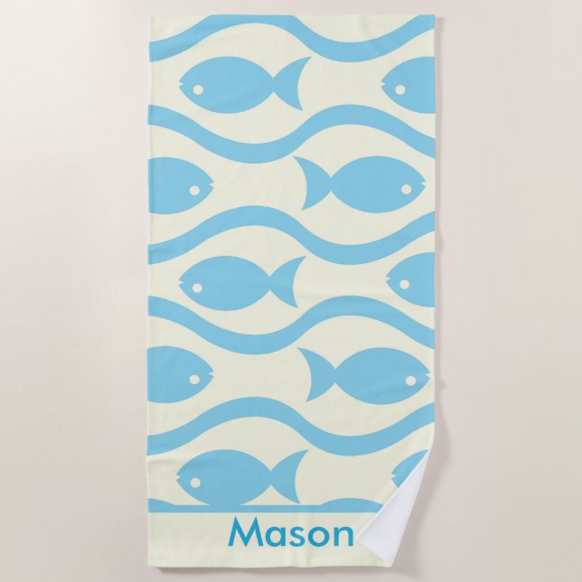 Blauer Fisch mit Wellenmuster Personalisierte Kind Strandtuch (Vorderseite)