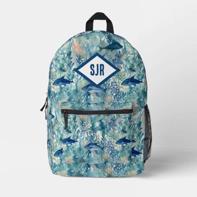 Blauer Fisch Monogramm-Rucksack Bedruckter Rucksack (Vorderseite)