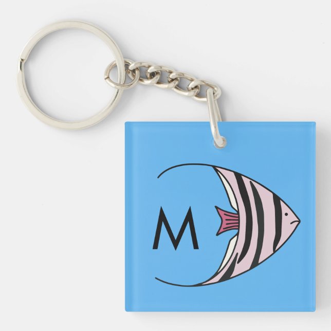 Blauer Fischmuster-Monogramm Schlüsselanhänger (Vorderseite)