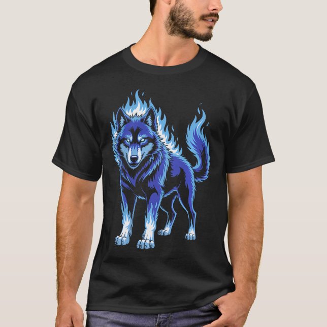Blauer Flammenwolf Mystisch T-Shirt (Vorderseite)