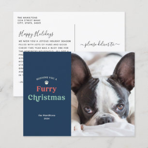 Blauer flauschiger Weihnachtshund Feiertagspostkarte