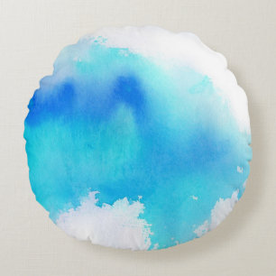 Blauer Fleck, abstrakte Handmalerei mit Wasserfarb Rundes Kissen
